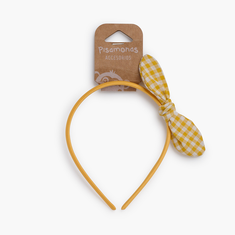 Haarband mit Schleife und Karomuster-Ohrchen Senf
