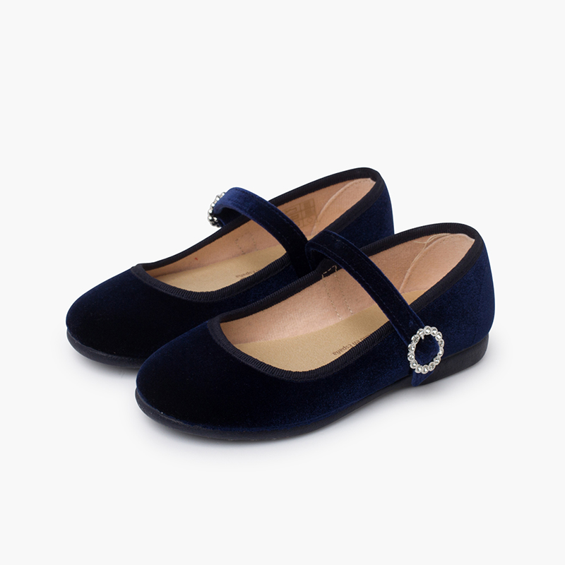 Samt-Mary Janes mit Schmuck-Schnalle Marineblau