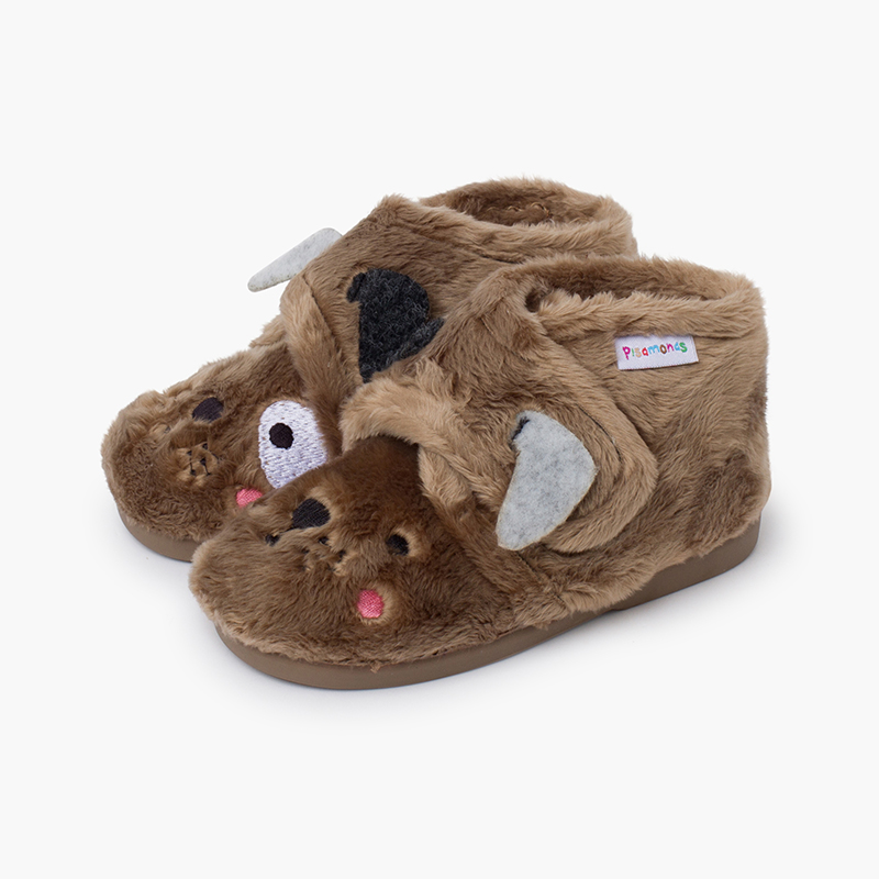 Hausschuhe mit Tieren und Fell Mausgrau