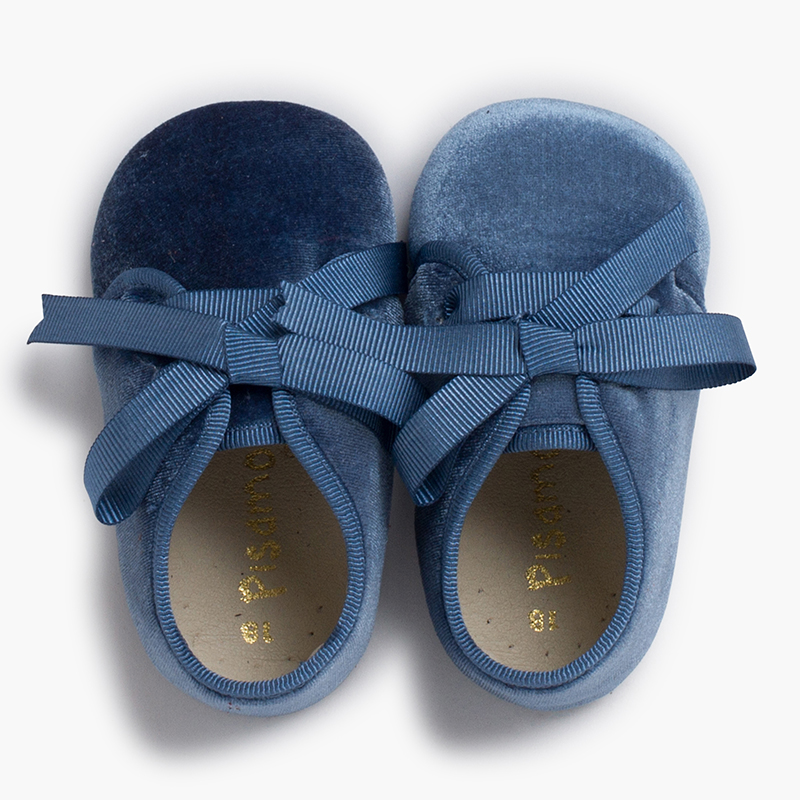 Baby Blucher aus Samt mit Satinschleife Französisch Blau