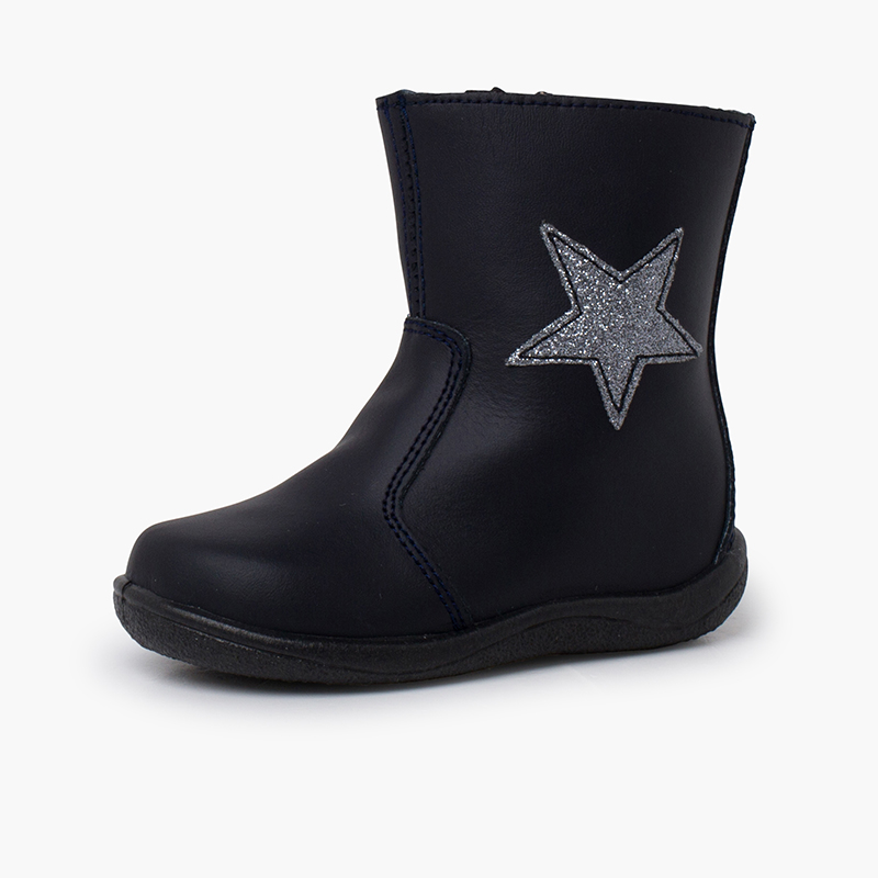 Mädchenstiefel aus waschbarem Leder mit Stern Marineblau