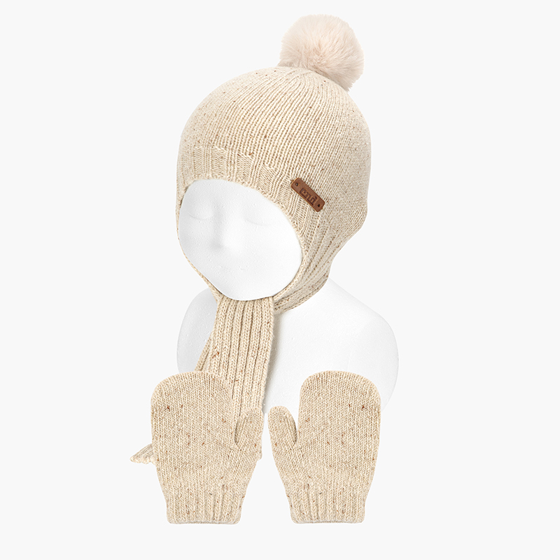 Babyset mit Mütze und Fäustlingen aus Tweed Beige