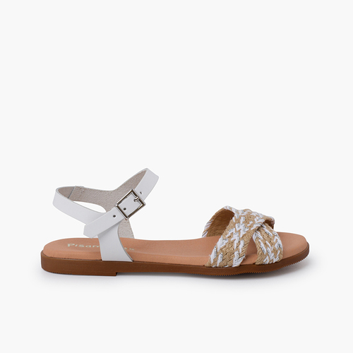 Sandalen mit Schnalle gekreuztem Riemen und Jute Bicolor Weiß