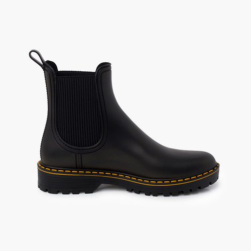 Regenstiefel mit mattem Finish Kontrastnähten und Tracksohle Schwarz