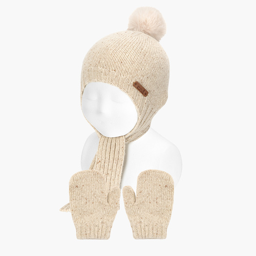 Babyset mit Mütze und Fäustlingen aus Tweed Beige
