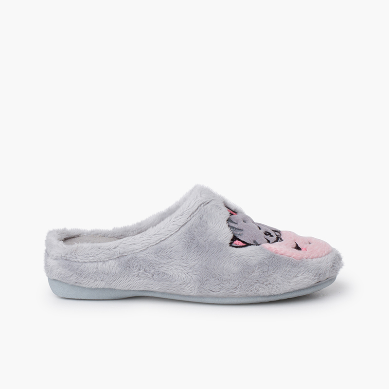 Hausschuhe im Clog-Stil mit Katze und Mond-Motiv Grau