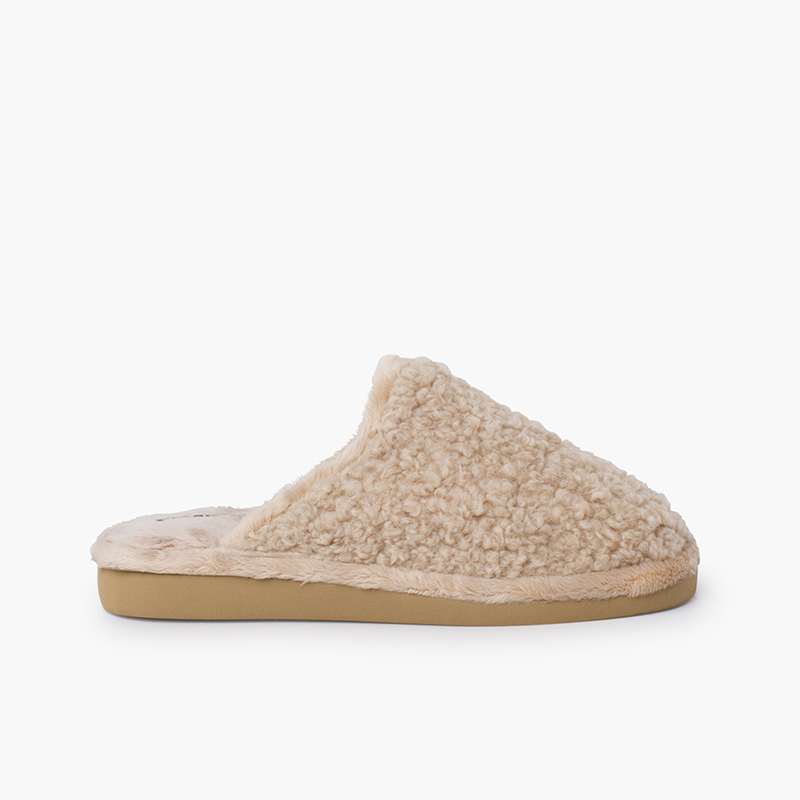 Hausschuhe im Clog-Stil mit flauschigem Fell und rutschfester Sohle Beige