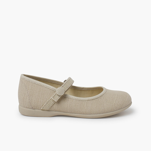 Leinenschuhe Mary Janes mit Klettverschluss und Knopf Roh