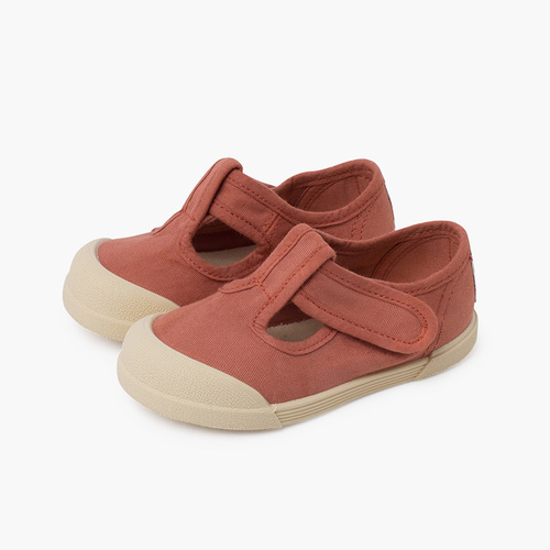 Barefoot Leinen T-Riemchenschuhe Terrakotta