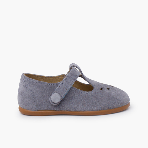 PerforierteT-Riemchenschuhe mit Klettverschluss und Knopf Bleigrau
