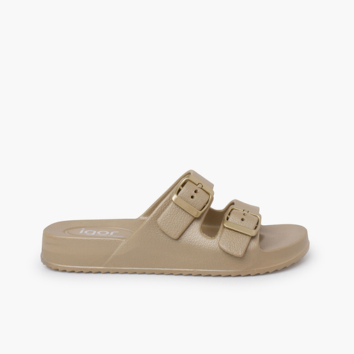Sandalen für damen mit doppelter schnalle in metallfarben Champagner