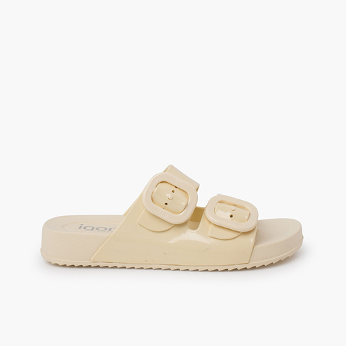 Glänzende doppelte schnallen havanna sandalen Elfenbein