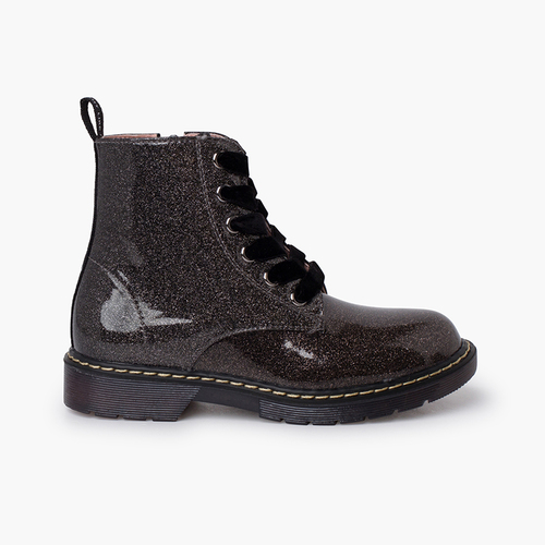 Motorradstiefel mit Glitzer und Samt-Schnürsenkeln Grau