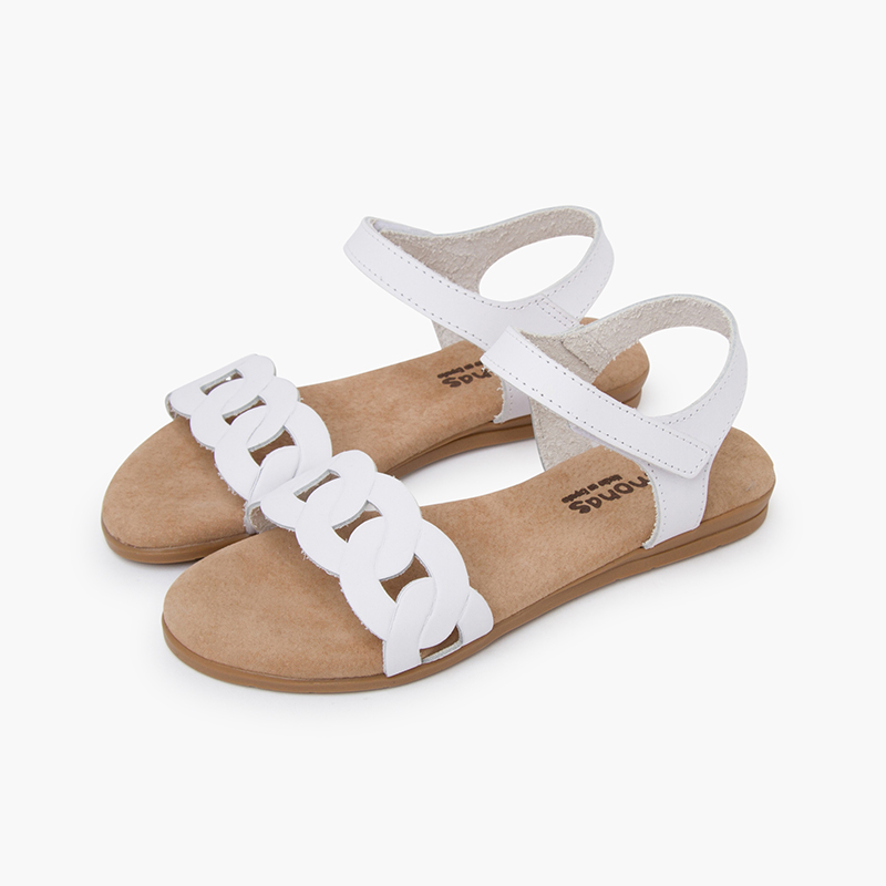 Ledersandalen mit Gliedern Klettverschluss Weiß