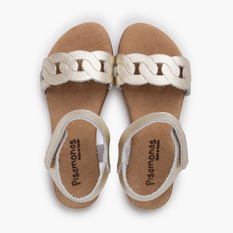 Ledersandalen mit Gliedern Klettverschluss Champagner