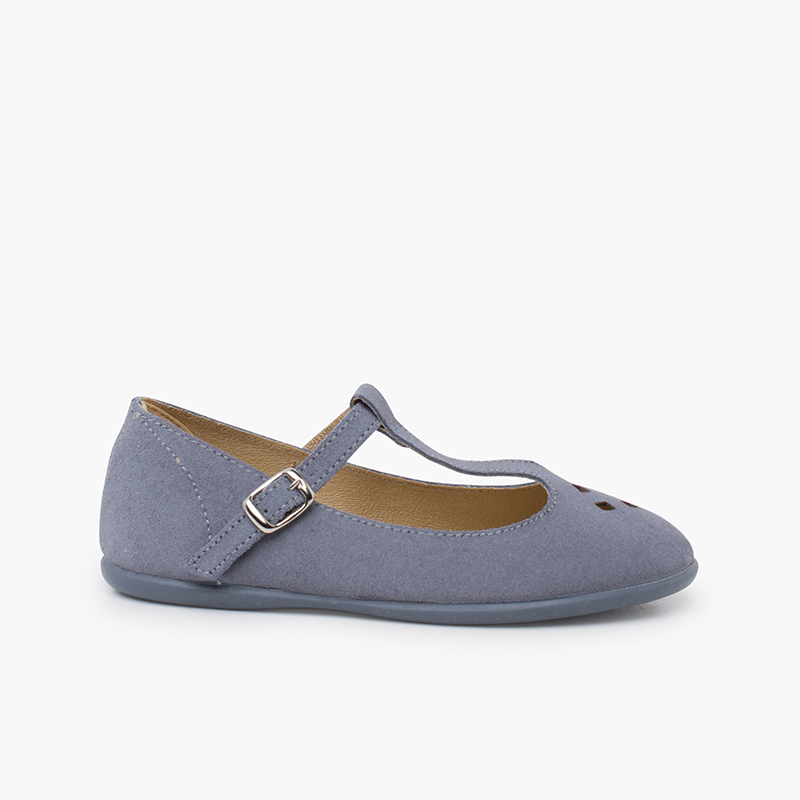 Perforierte Wildleder-Mary-Janes mit T-Riemen hellblau