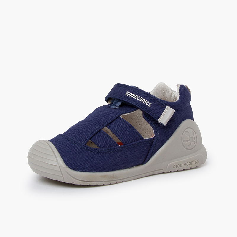 Biomecanics Leinensandalen Klettverschluss Marineblau