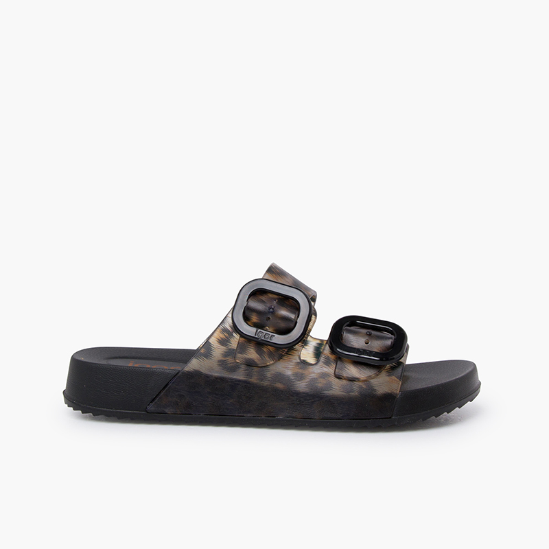 Habana-Sandalen Doppel-Schnalle Tierprint Schwarz