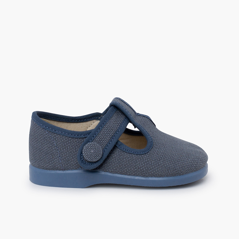 Leinen-Riemchenschuhe Klettverschluss Knopf Französisch Blau