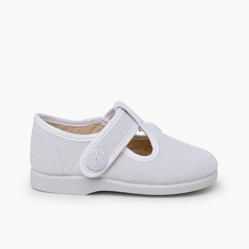 Leinen-Riemchenschuhe Klettverschluss Knopf Weiß