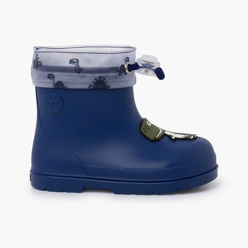 Barfuß-Regenstiefeletten mit verstellbarem Dinosaurier Jeansblau