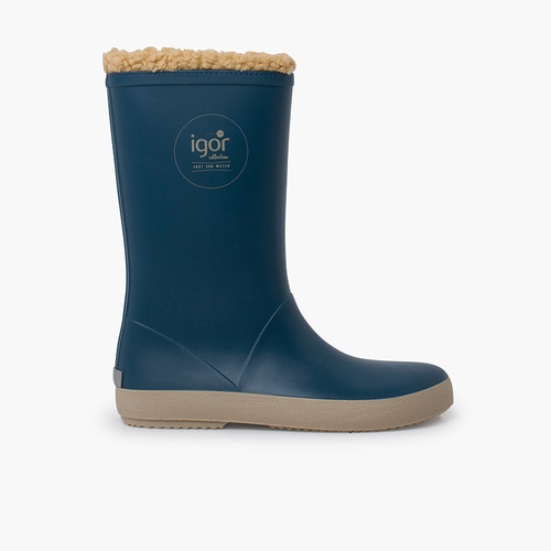 Regenstiefel mit flauschigem Futter und beiger Sohle Ölblau
