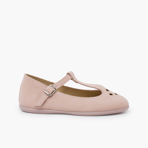 Perforierte Wildleder-Mary-Janes mit T-Riemen Nude