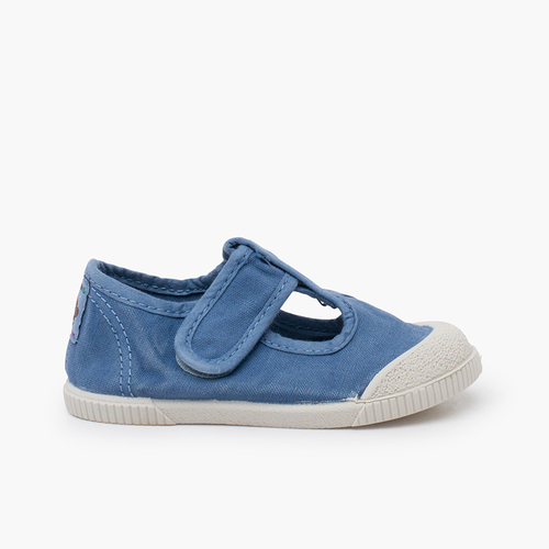 Barefoot T-bar Shoes aus Baumwollstoff Jeansblau
