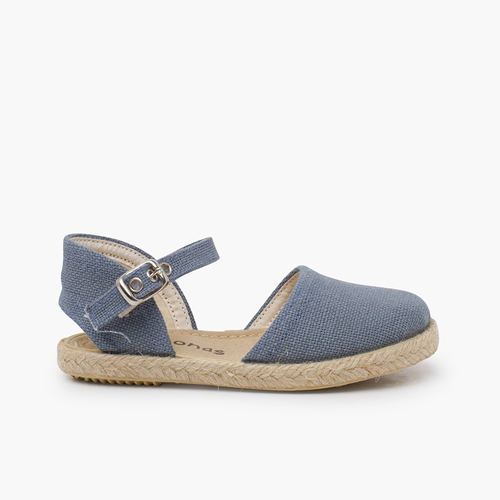 Leinen-Espadrilles flacher Sohle Schnalle Französisch Blau