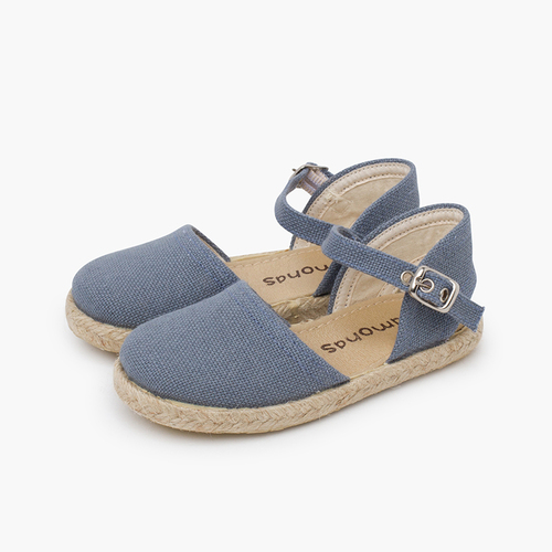 Leinen-Espadrilles flacher Sohle Schnalle Französisch Blau