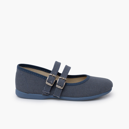 Leinen-Mary-Janes Doppel-Schnalle Französisch Blau