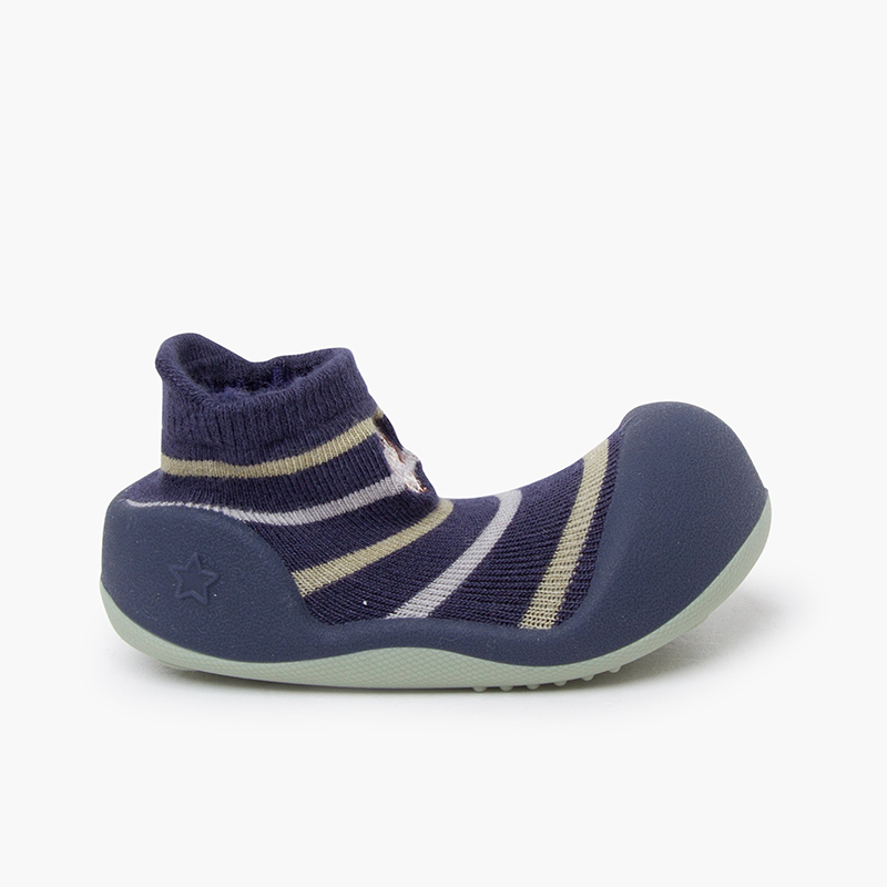 Baby-Schuhe runder Spitze Streifen Igelmotiv Marineblau
