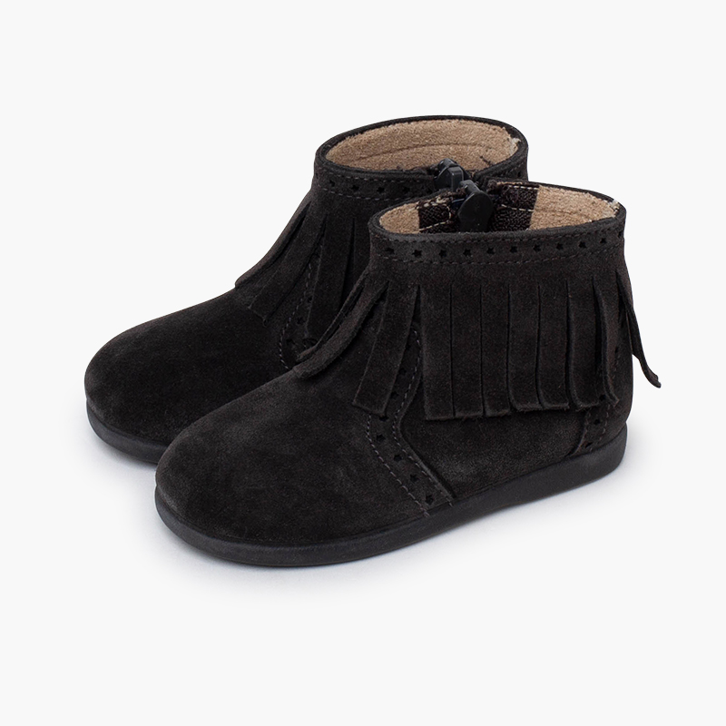 Mädchen Stiefel Wildleder Fransen Lochmuster Reißverschluss Grau