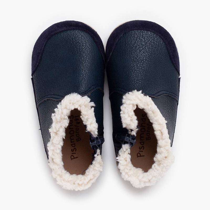 Barefoot-Stiefel Kunstleder Lammfellkragen Marineblau