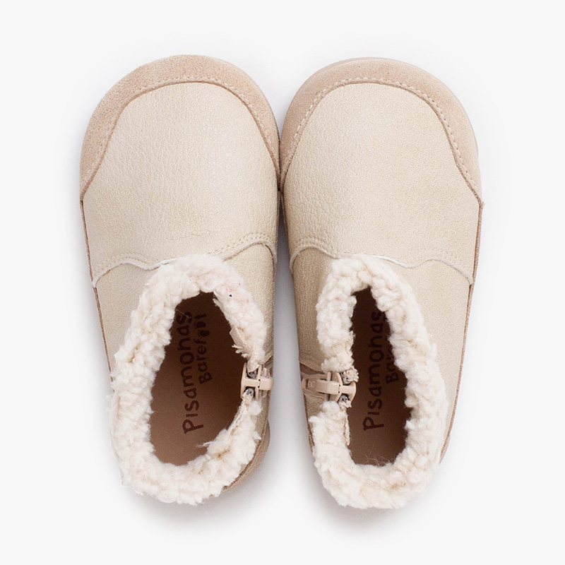 Barefoot-Stiefel Kunstleder Lammfellkragen Beige