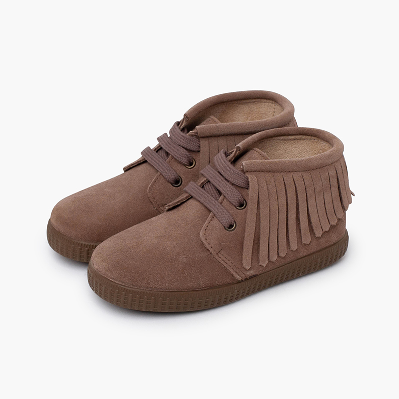 Kinderstiefel Wildleder Fransen runde Spitze Mausgrau