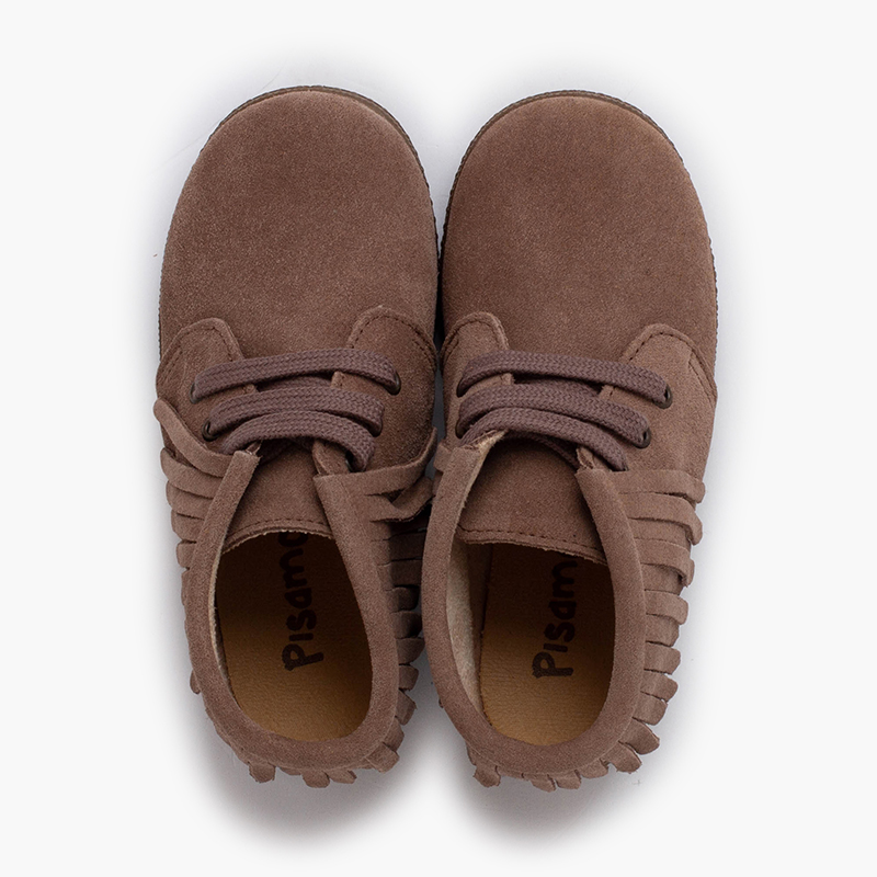 Kinderstiefel Wildleder Fransen runde Spitze Mausgrau