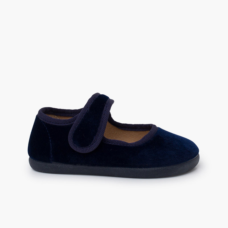 Barefoot-Mary Janes Samt Klettverschluss Marineblau