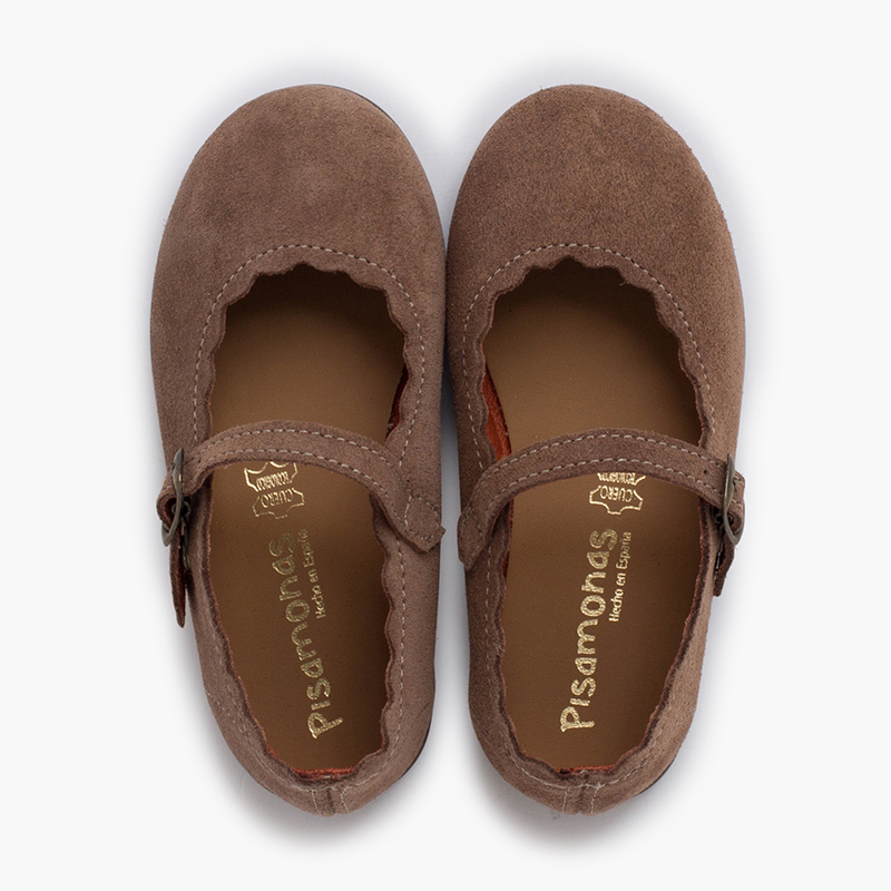 Mary Janes Veloursleder Wellenrand Schnalle Mausgrau