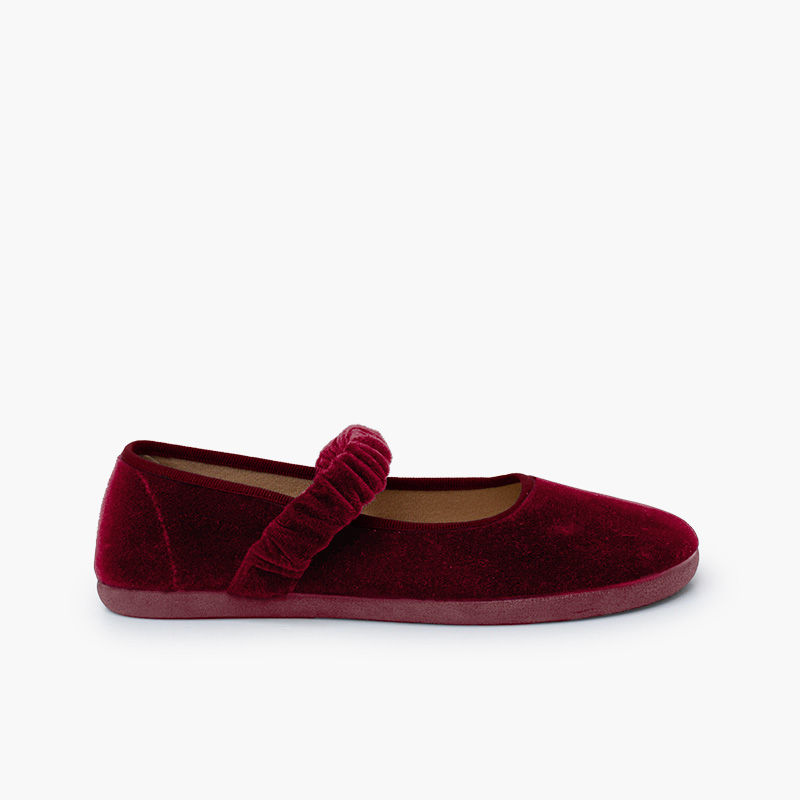 Barefoot-Mary Janes Samt gerafftem Riemen Bordeaux
