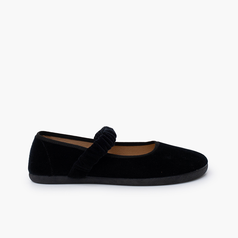 Barefoot-Mary Janes Samt gerafftem Riemen Schwarz