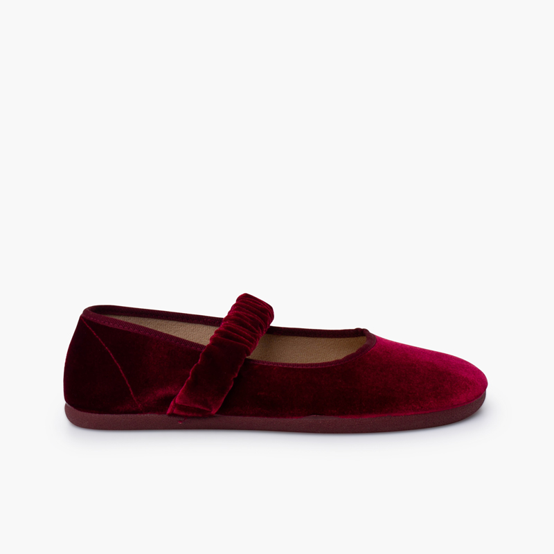 Barefoot-Mary Janes Samt gerafftem Riemen Bordeaux