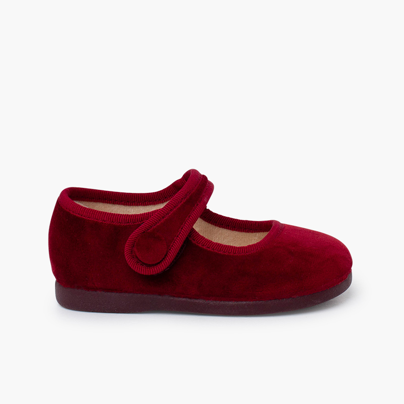 Velvet Mary Janes Klettverschluss Knopf Bordeaux