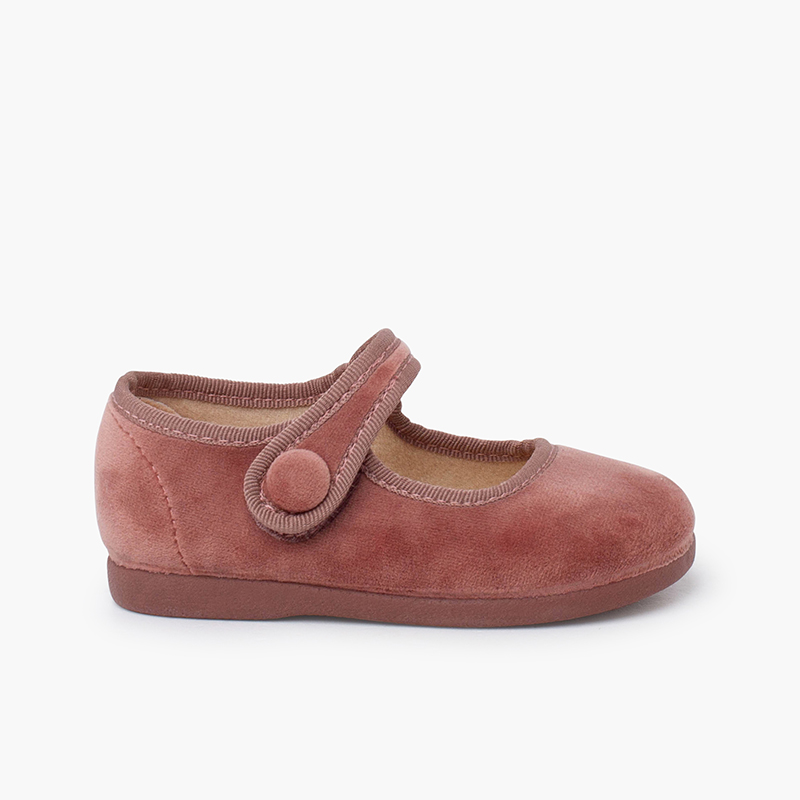Velvet Mary Janes Klettverschluss Knopf Rosa