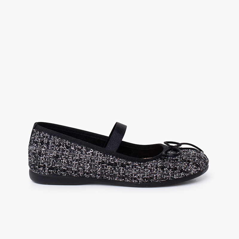 Tweed-Mary Janes Gummiband Glanzeffekt Schwarz