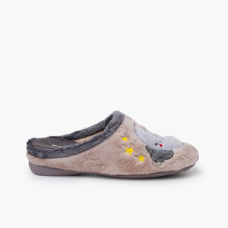 Hausschuhe Clog-Stil Mond-Motiv Grau