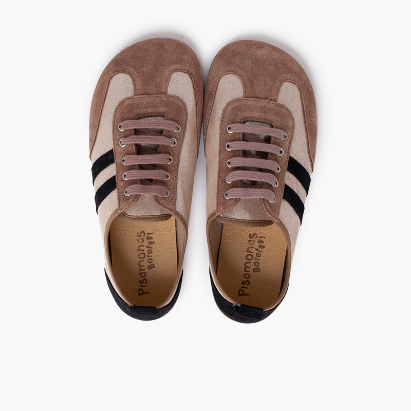 Kombinierte Barefoot-Sneaker Glanz und Streifen Mausgrau