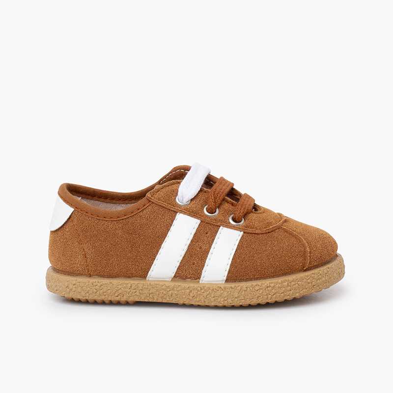 Sneaker weißen Seitenstreifen Doppelschnürung Kamel