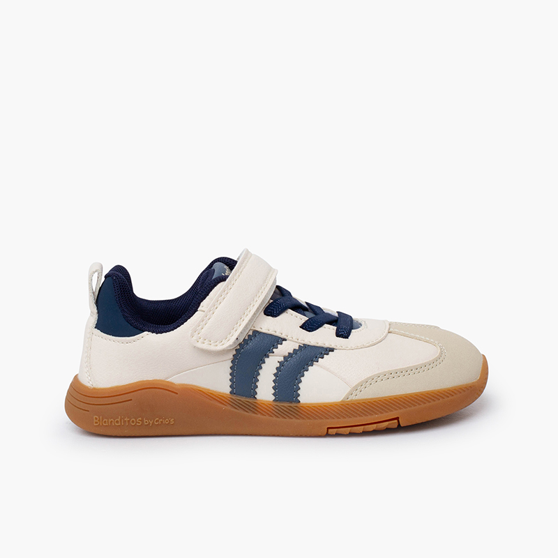 Blanditos Turnschuhe Seitenstreifen Klettverschluss und Schnürsenkel Beige und Blau
