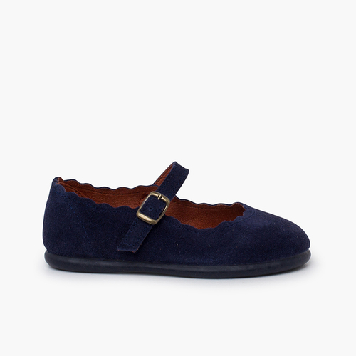 Mary Janes Veloursleder Wellenrand Schnalle Marineblau